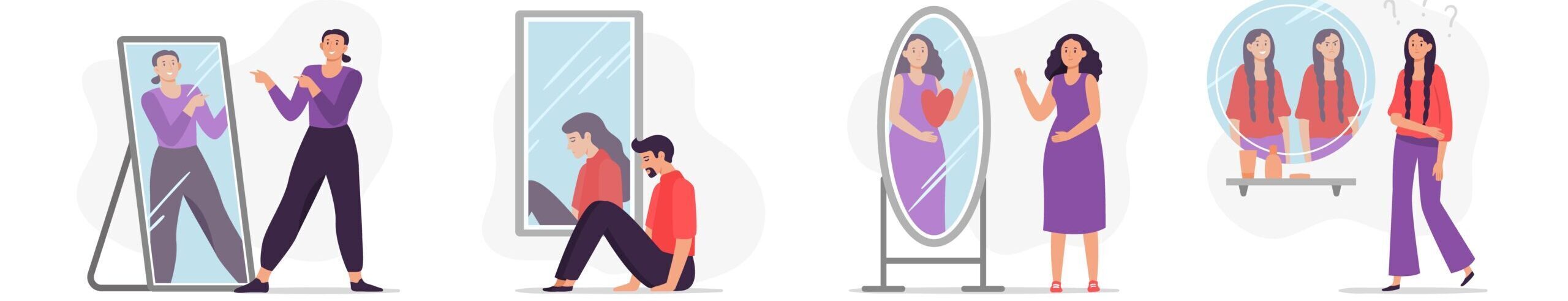 People looking at mirror reflection. Self-assessment and personal appearance vector illustration. Concept of evaluation of attractiveness, body dysmorphic disorder, transsexuality, self-examination.