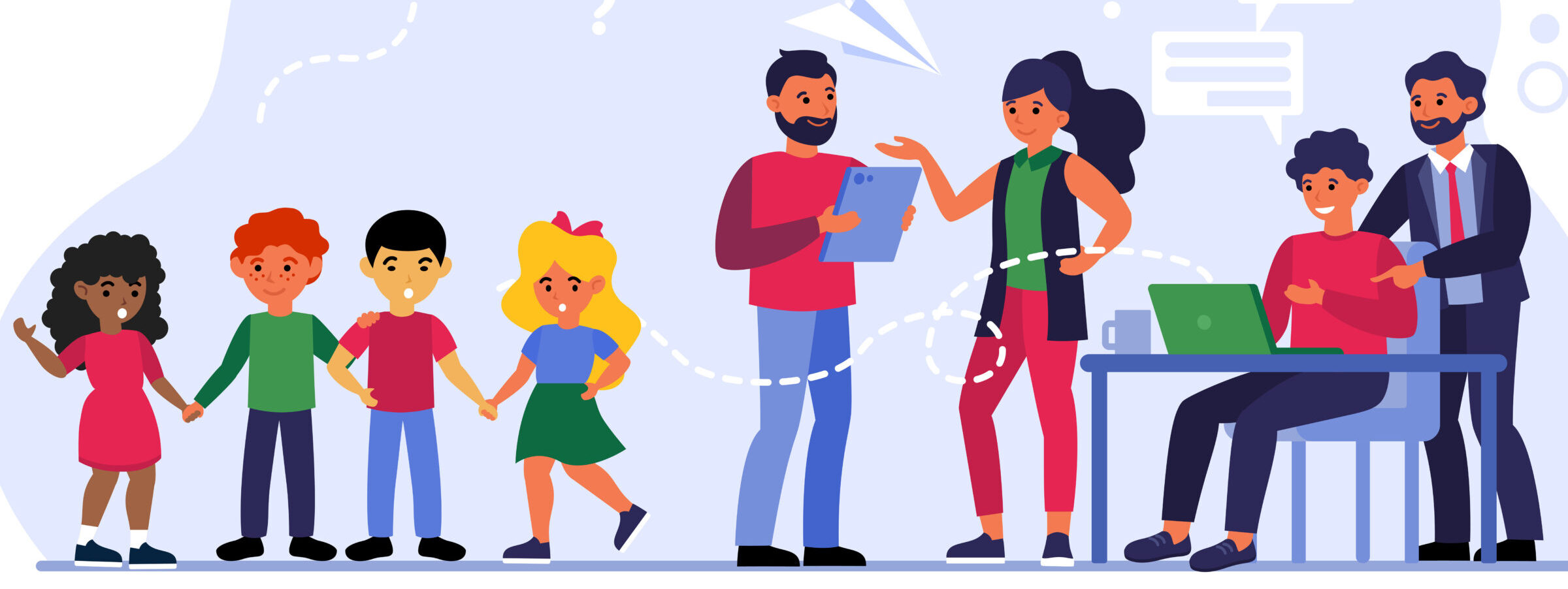 Teacher-parent meeting. Group of kids, people talking and using PC at workplace flat vector illustration. Communication, teaching, parenthood concept for banner, website design or landing web page